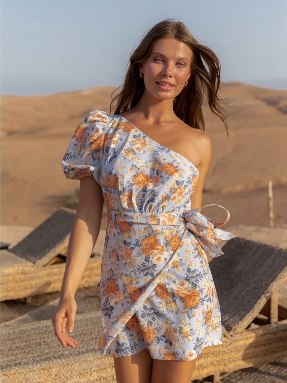 Hello Molly Flowers of the Sun - Floral One-Shoulder Mini Dress in Blue/Orange